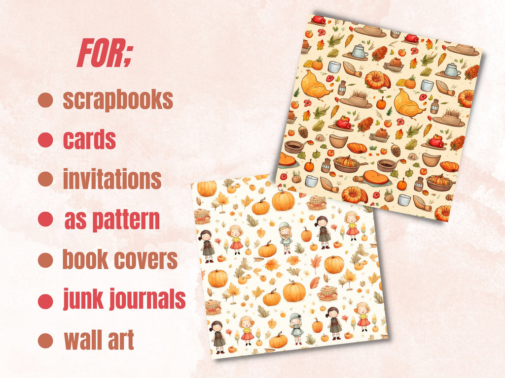 Printable Cute Thanksgiving Digital Paper, Cozy Kawaii Autumn, Fall Pumpkin Harvest Pages, Download Junk Journal, Scrapbooking, Card Making