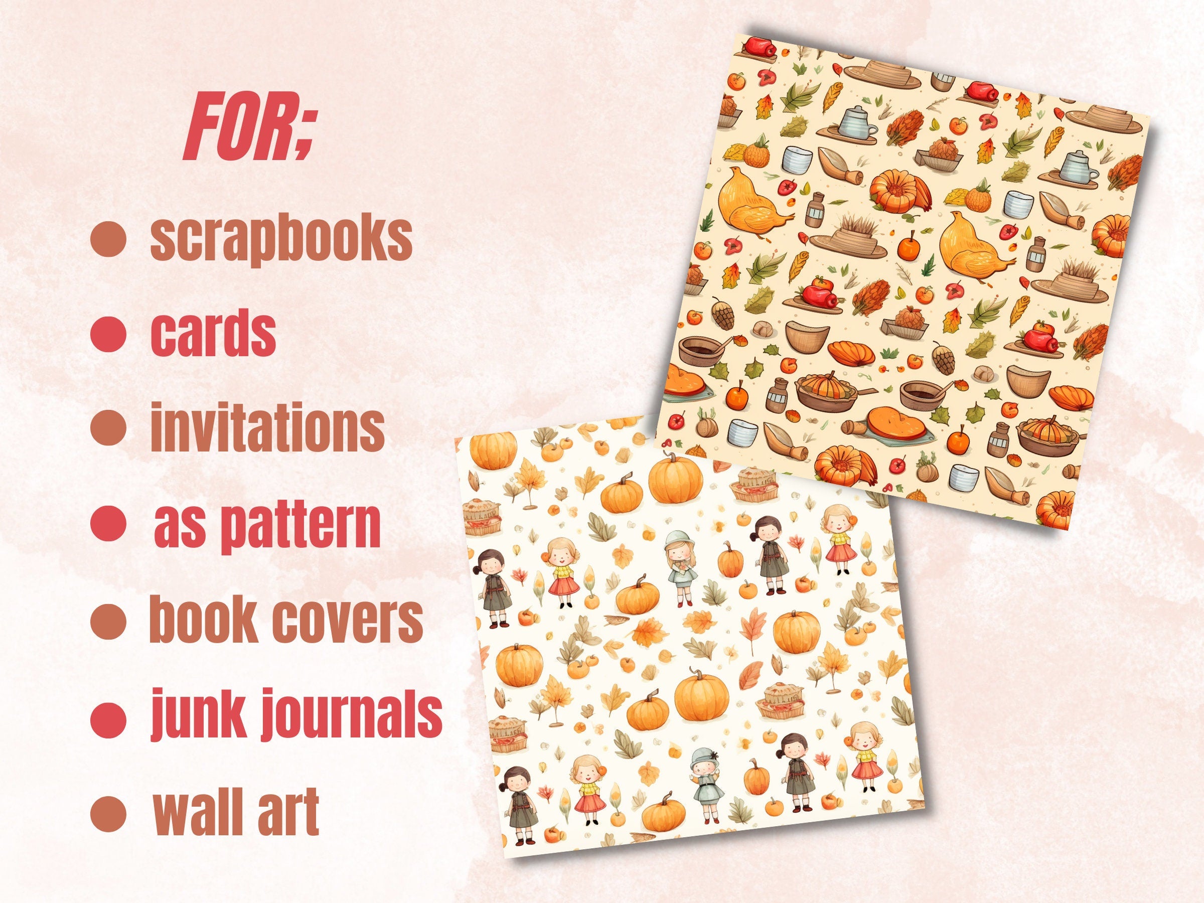 Printable Cute Thanksgiving Digital Paper, Cozy Kawaii Autumn, Fall Pumpkin Harvest Pages, Download Junk Journal, Scrapbooking, Card Making