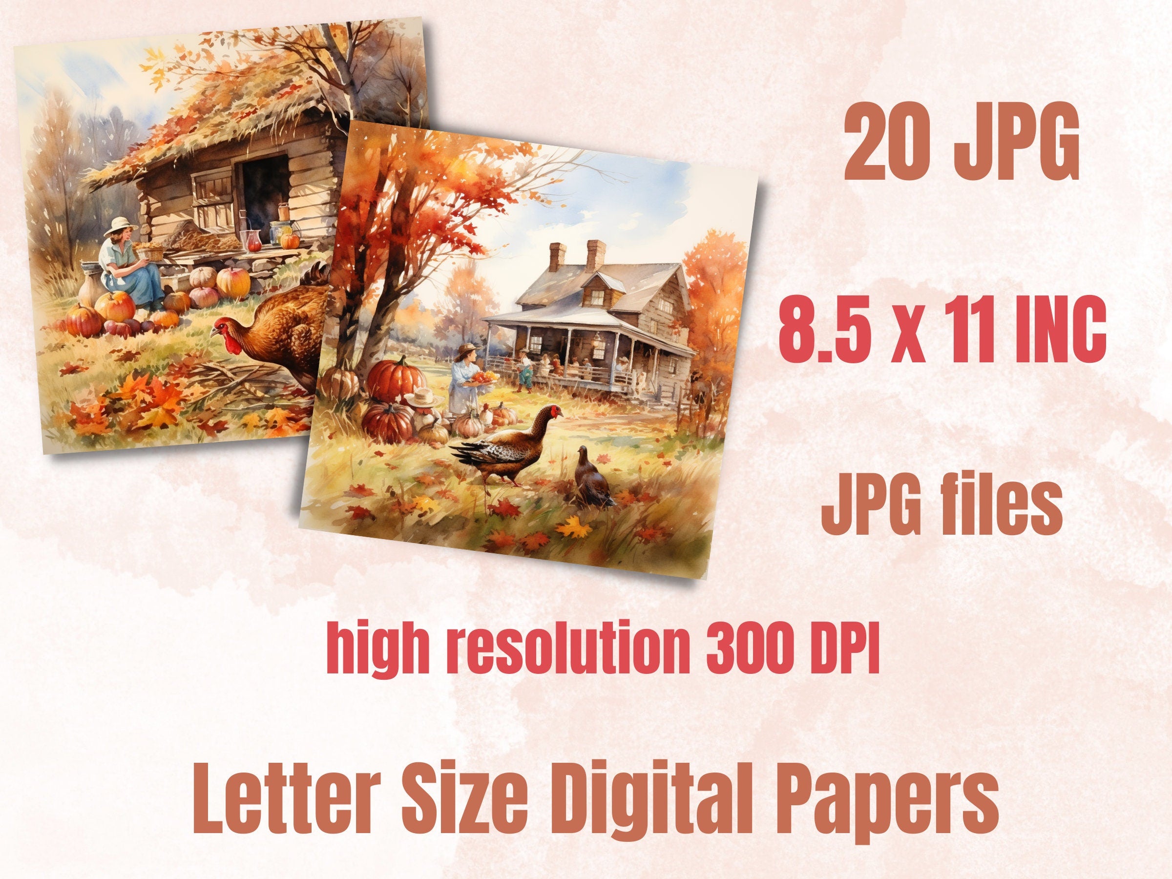 Printable Watercolor Thanksgiving Scenes Digital Paper, Fall Pumpkin Harvest Landscape Pages, Download Junk Journal, Scrapbooking, For Cards