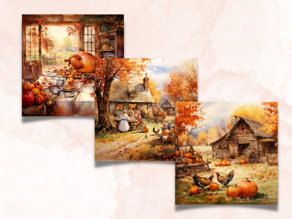 Printable Watercolor Thanksgiving Scenes Digital Paper, Fall Pumpkin Harvest Landscape Pages, Download Junk Journal, Scrapbooking, For Cards