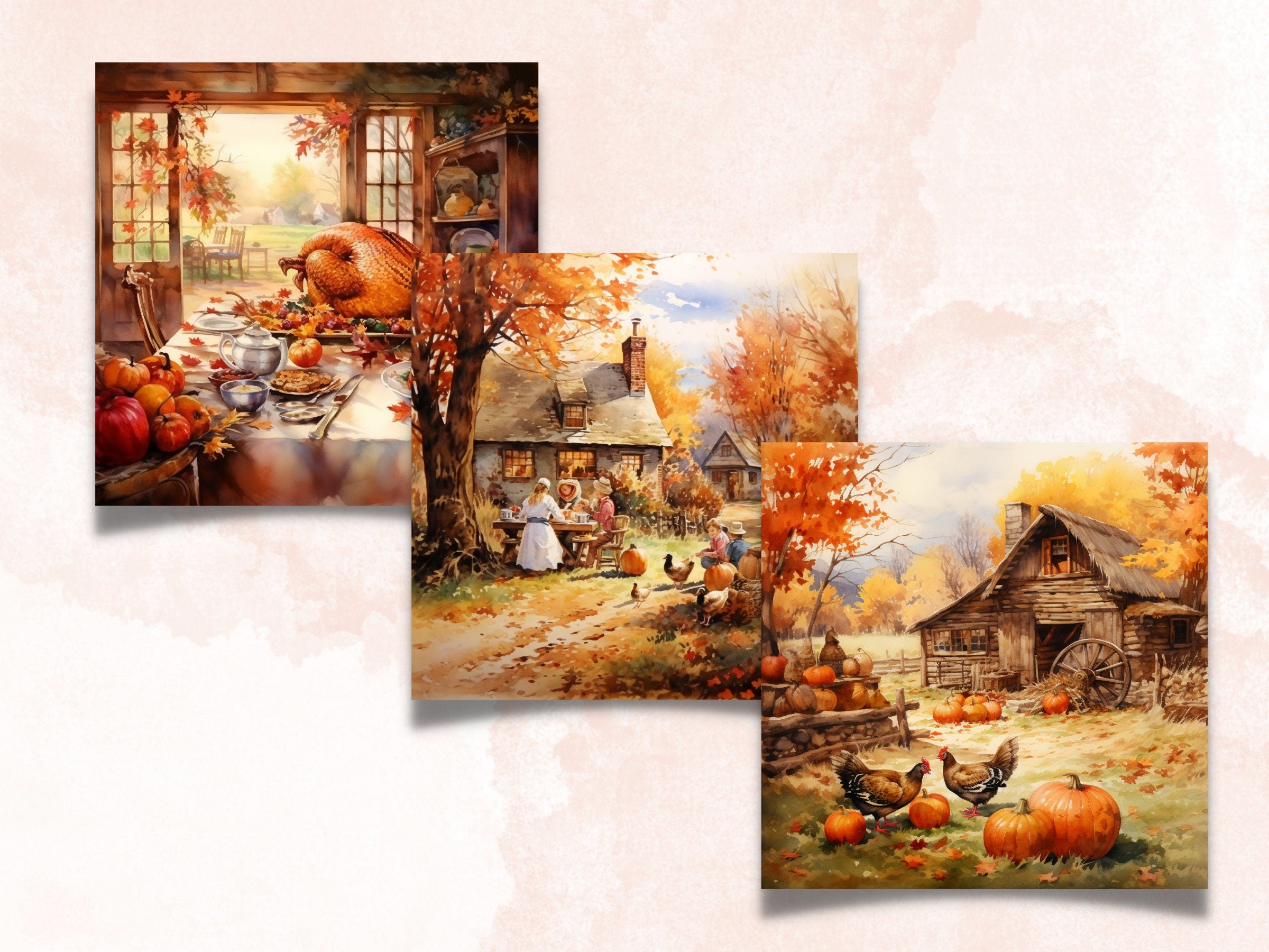Printable Watercolor Thanksgiving Scenes Digital Paper, Fall Pumpkin Harvest Landscape Pages, Download Junk Journal, Scrapbooking, For Cards
