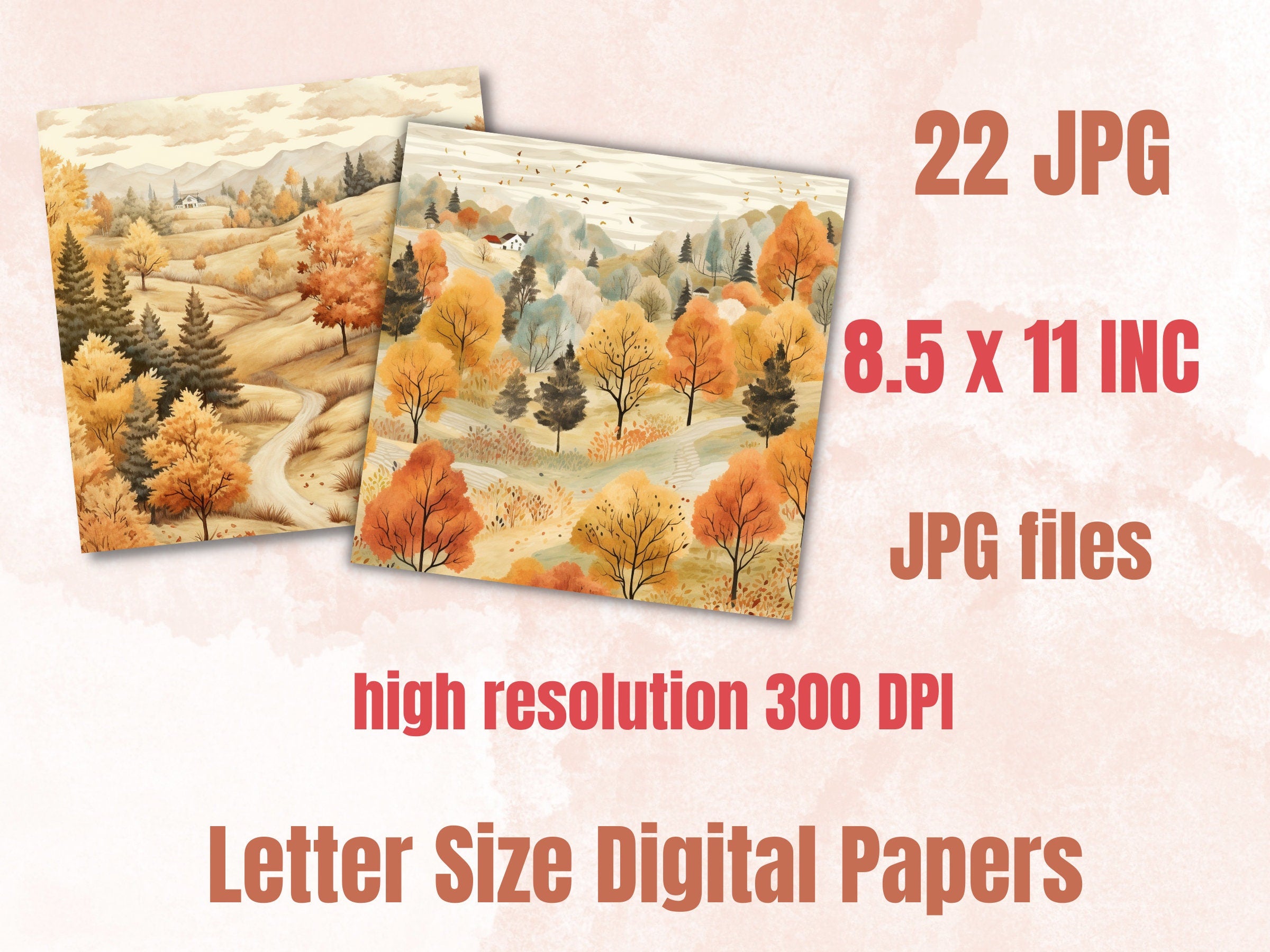 Printable Watercolor Fall Landscape Paper, Cozy Autumn Ephemera, Fall Forest Scenes Pages, Download Junk Journal, Scrapbooking, Card Making