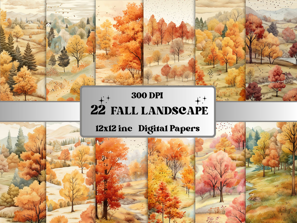 Printable Watercolor Fall Landscape Paper, Cozy Autumn Ephemera, Fall Forest Scenes Pages, Download Junk Journal, Scrapbooking, Card Making