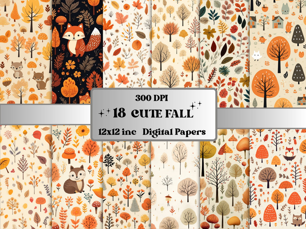 Printable Cute Fall Paper, Kawaii Autumn Forest Ephemera, Rustic Cozy Fall Leaves Pages, Download Junk Journal, Scrapbooking, Card Making