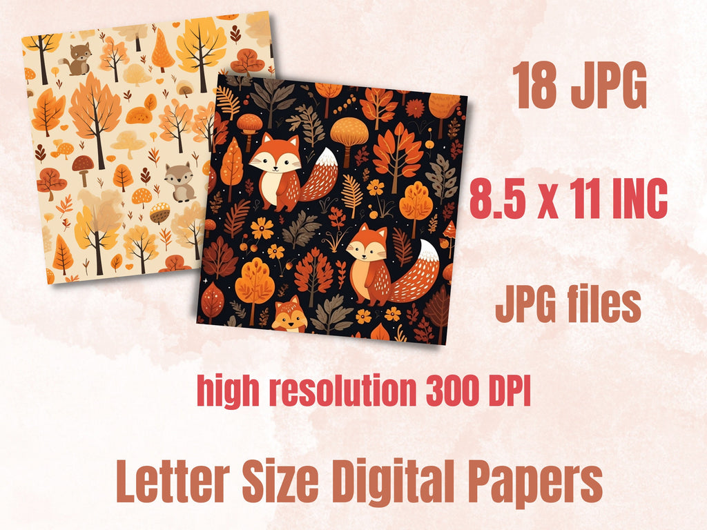 Printable Cute Fall Paper, Kawaii Autumn Forest Ephemera, Rustic Cozy Fall Leaves Pages, Download Junk Journal, Scrapbooking, Card Making