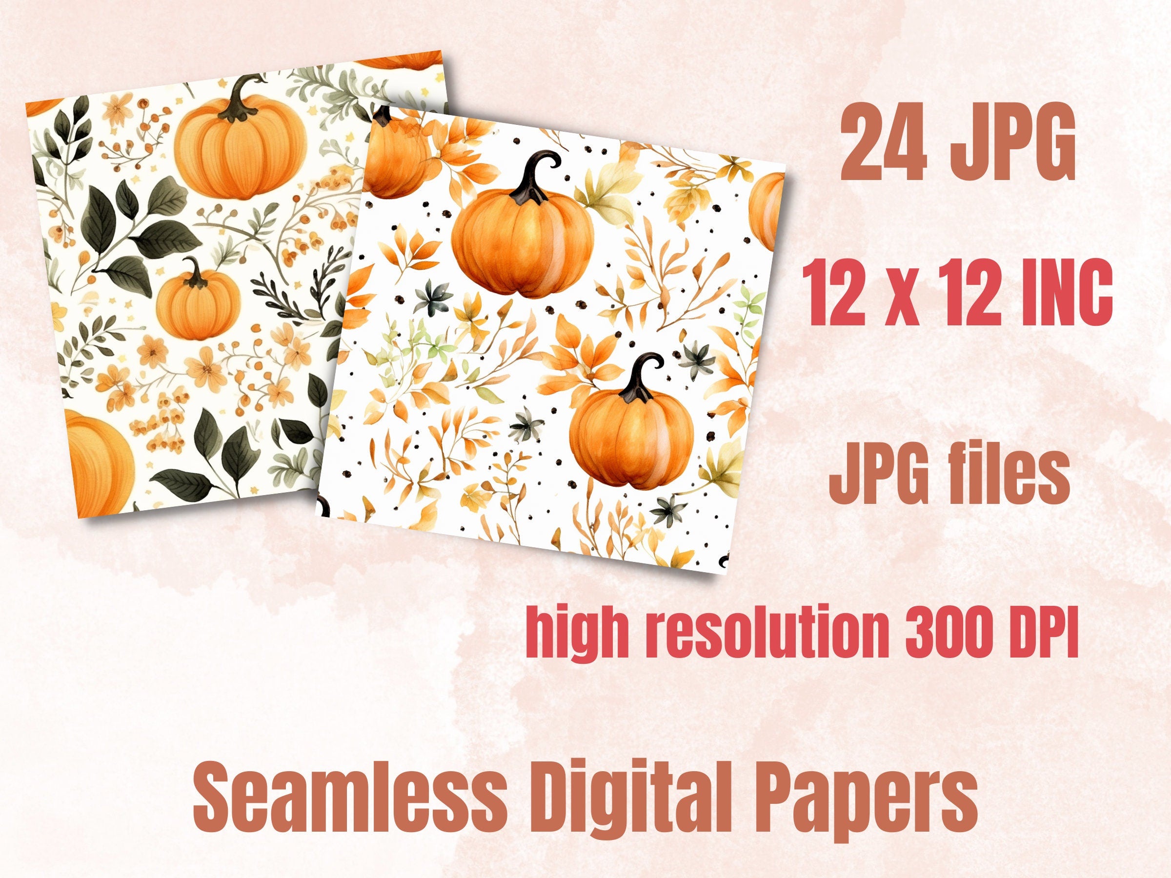Seamless Watercolor Pumpkin Spice Digital Paper Pack, Pumpkin Harvest Seamless Pattern, Fall Autumn Background, Fantasy Scrapbook Papers