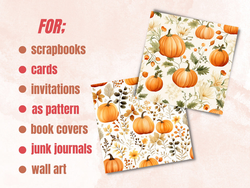 Seamless Watercolor Pumpkin Spice Digital Paper Pack, Pumpkin Harvest Seamless Pattern, Fall Autumn Background, Fantasy Scrapbook Papers