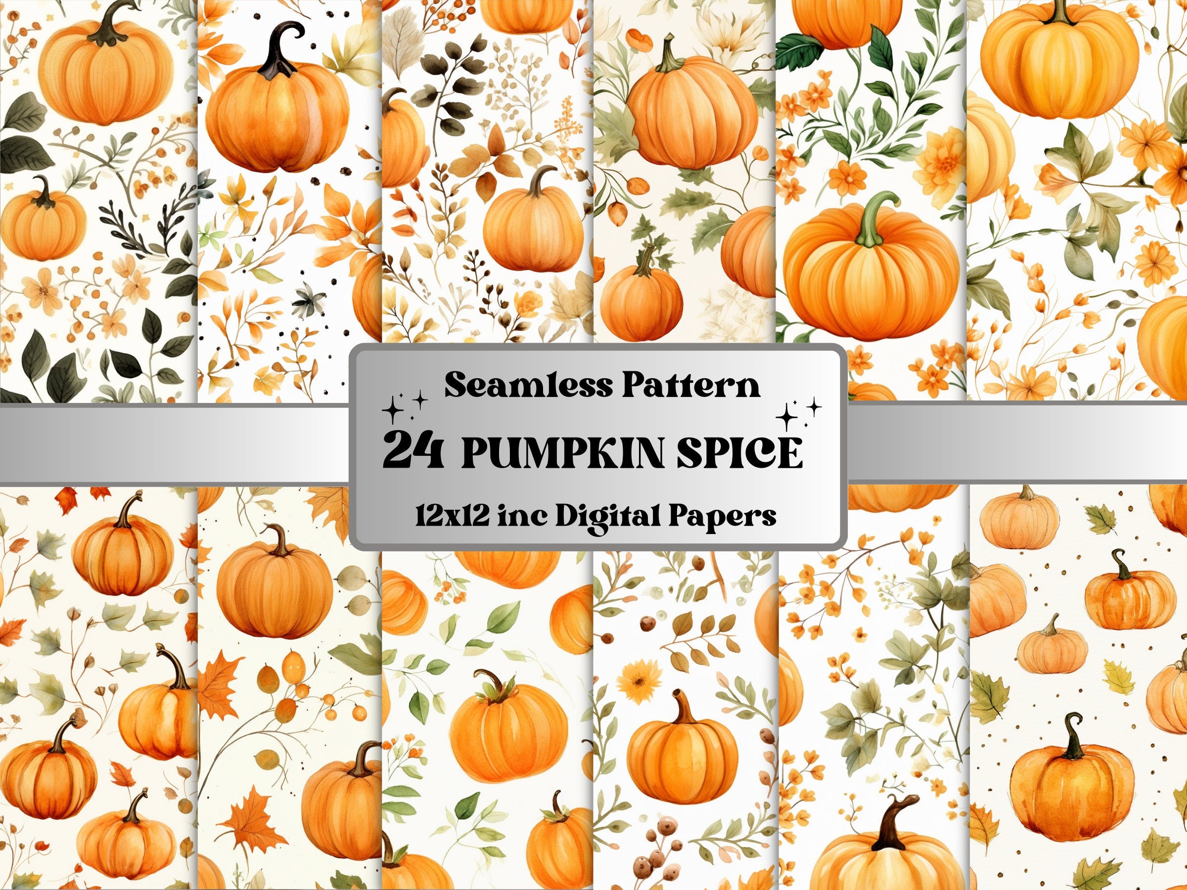 Seamless Watercolor Pumpkin Spice Digital Paper Pack, Pumpkin Harvest Seamless Pattern, Fall Autumn Background, Fantasy Scrapbook Papers