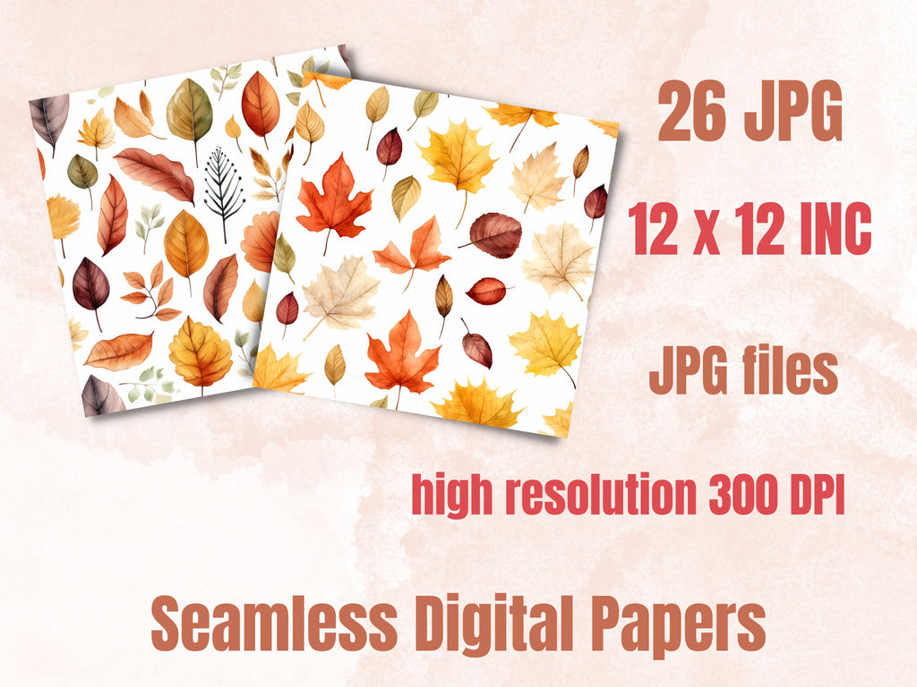 Seamless Watercolor Fall Leaves Digital Paper Pack, Autumn Leaves Seamless Pattern, Fall Floral Autumn Background, Fantasy Scrapbook Papers