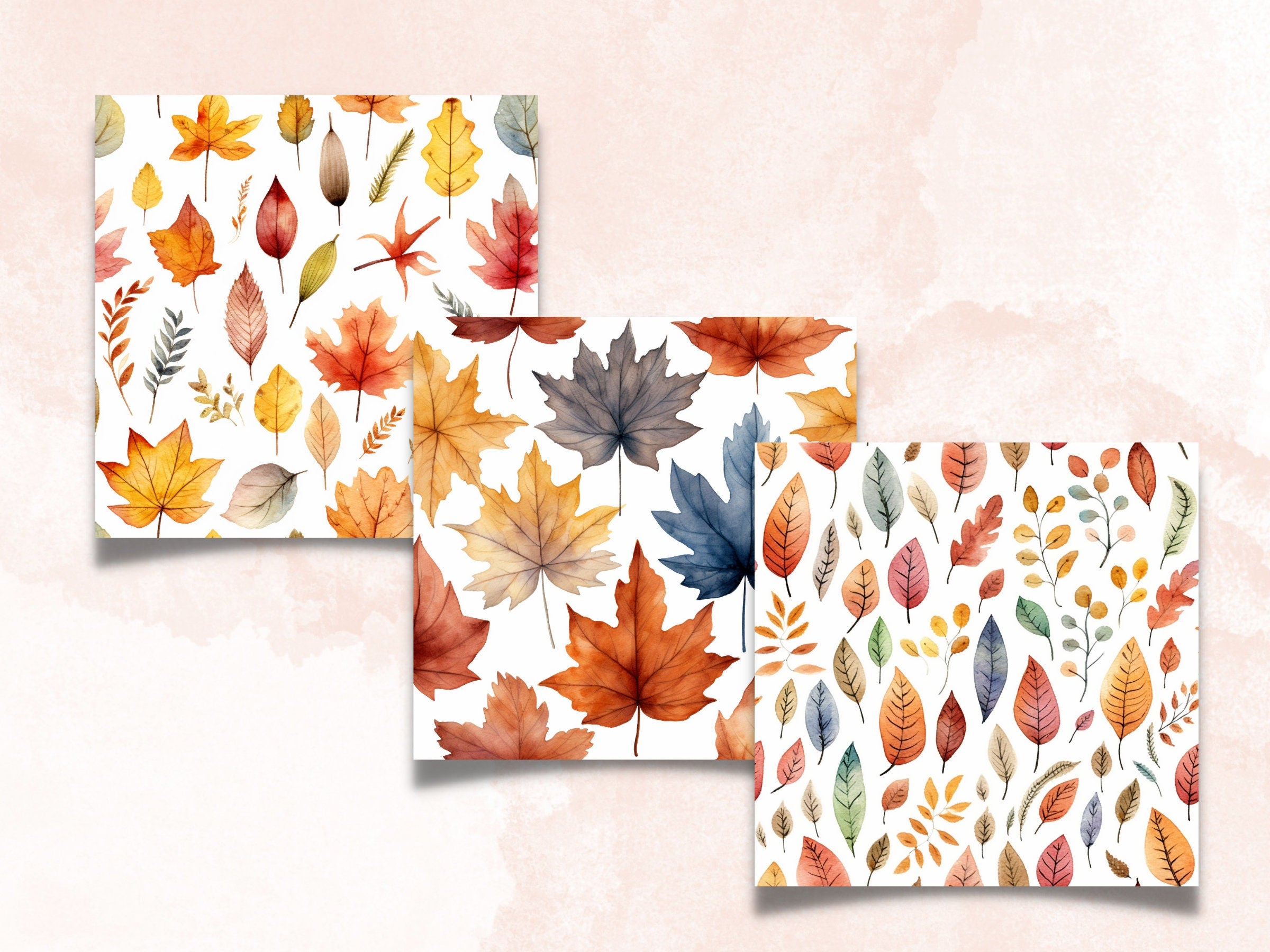 Seamless Watercolor Fall Leaves Digital Paper Pack, Autumn Leaves Seamless Pattern, Fall Floral Autumn Background, Fantasy Scrapbook Papers