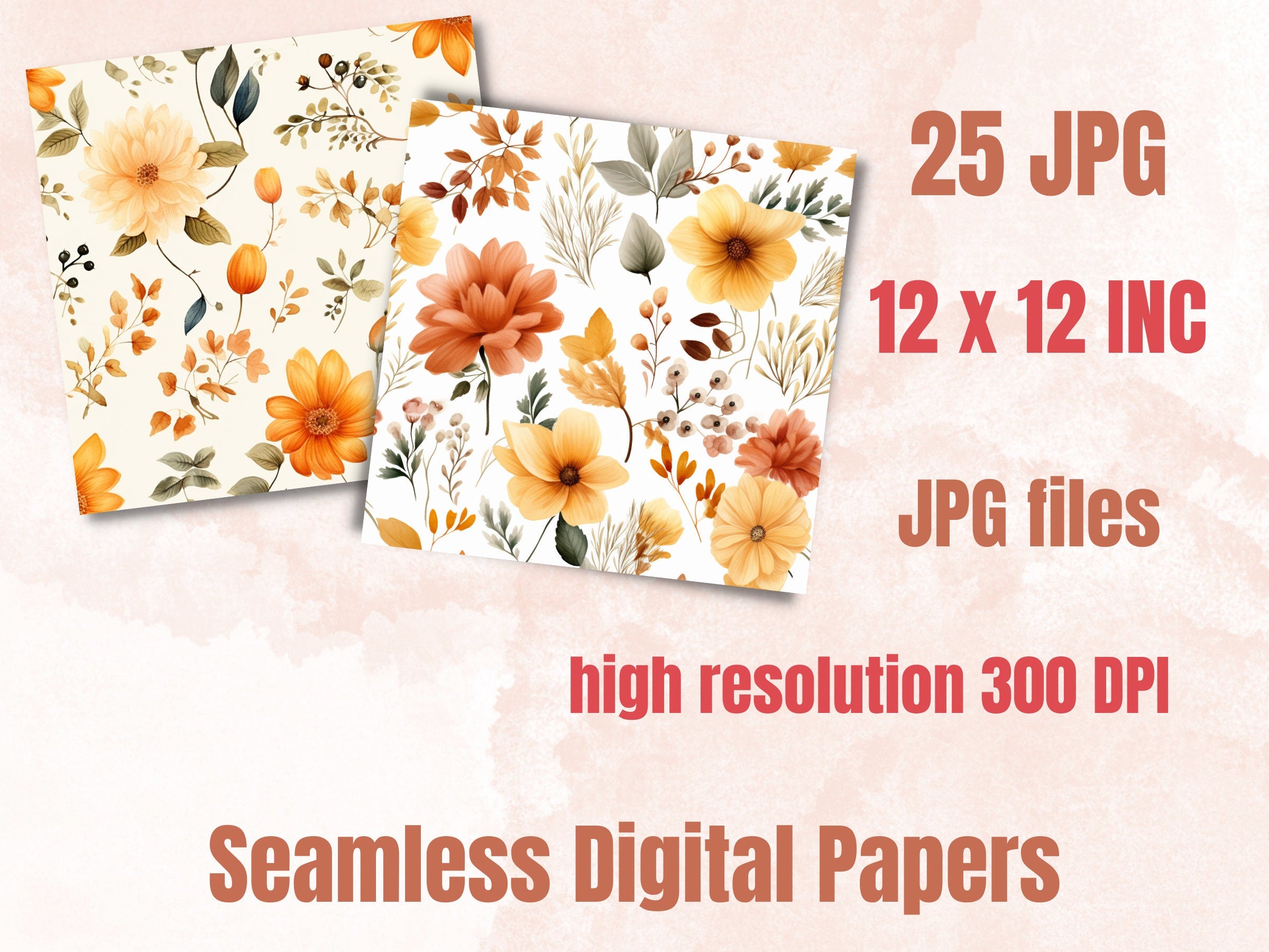 Seamless Watercolor Fall Flowers Digital Paper Pack, Autumn Leaves Seamless Pattern, Fall Floral Autumn Background, Fantasy Scrapbook Papers