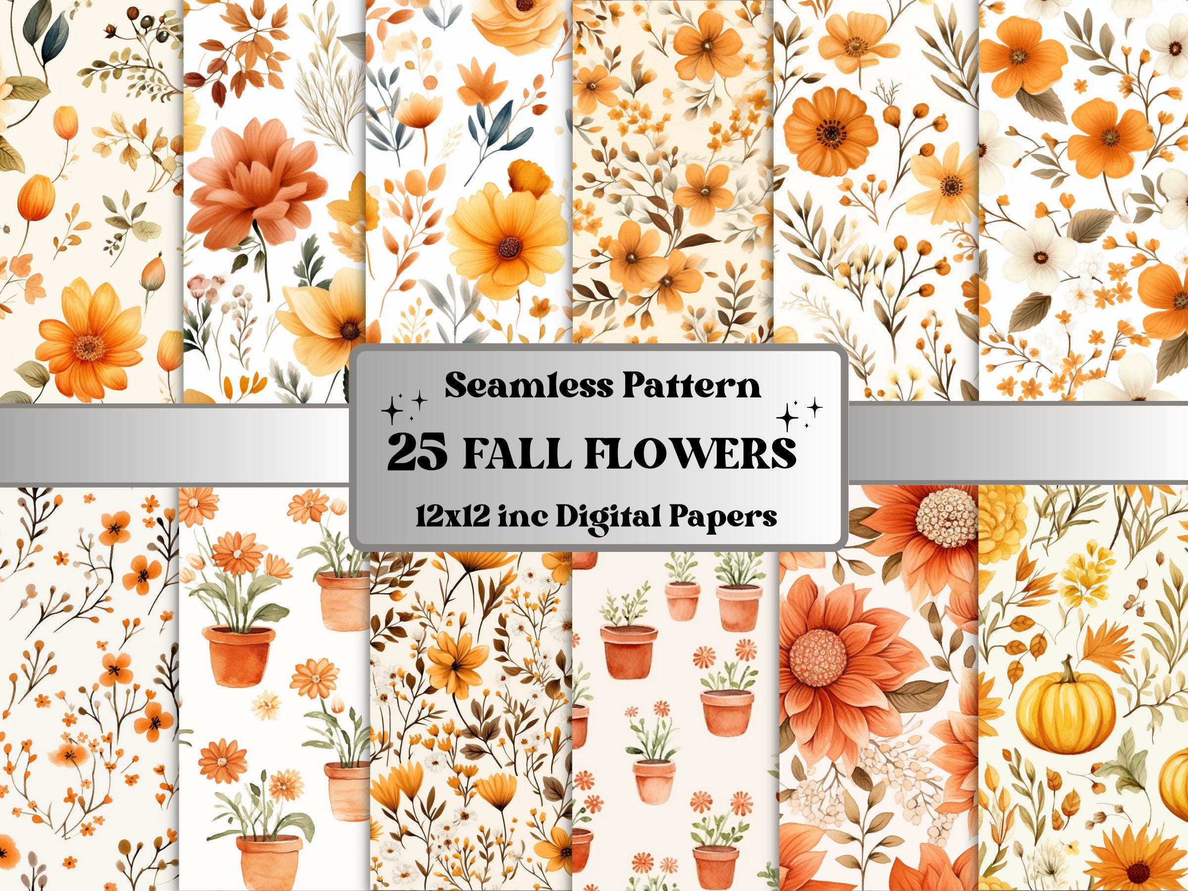 Seamless Watercolor Fall Flowers Digital Paper Pack, Autumn Leaves Seamless Pattern, Fall Floral Autumn Background, Fantasy Scrapbook Papers