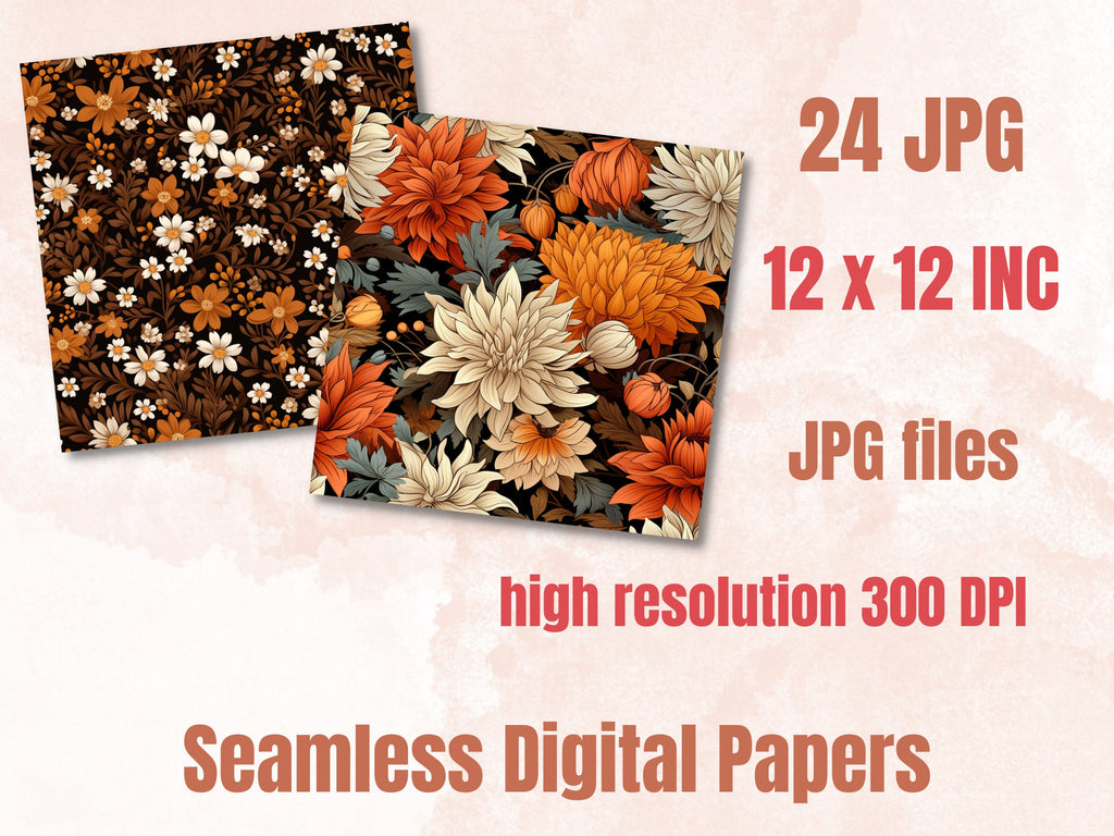 Seamless Fall Botanical Flowers Digital Paper Pack, Autumn Leaves Seamless Pattern, Fall Floral Autumn Background, Fantasy Scrapbook Papers