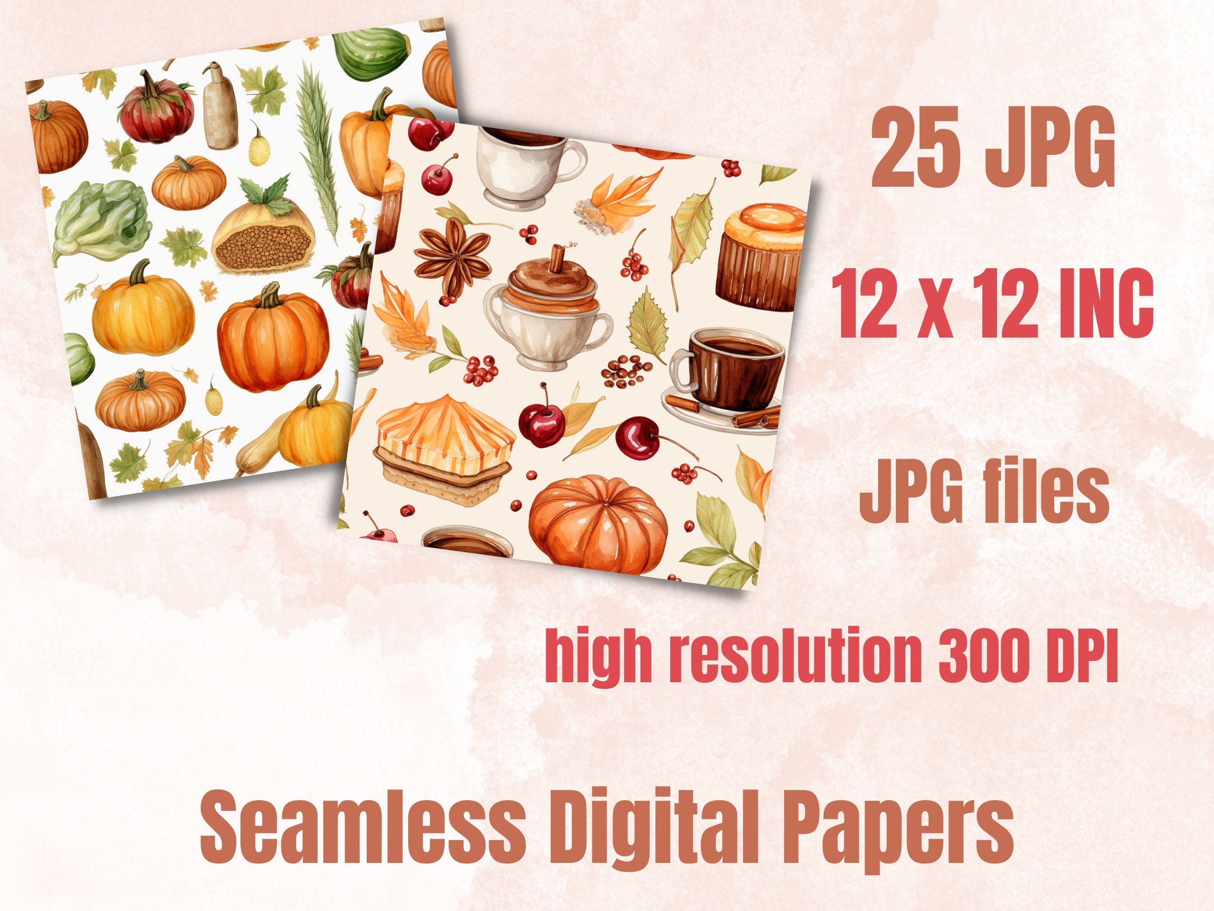 Seamless Watercolor Fall Digital Paper Pack, Cute Autumn Seamless Pattern, Fall Floral Autumn Leaves Background, Fantasy Scrapbook Papers