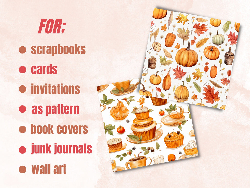 Seamless Watercolor Fall Digital Paper Pack, Cute Autumn Seamless Pattern, Fall Floral Autumn Leaves Background, Fantasy Scrapbook Papers