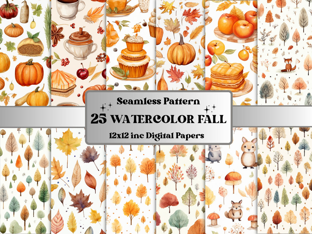 Seamless Watercolor Fall Digital Paper Pack, Cute Autumn Seamless Pattern, Fall Floral Autumn Leaves Background, Fantasy Scrapbook Papers