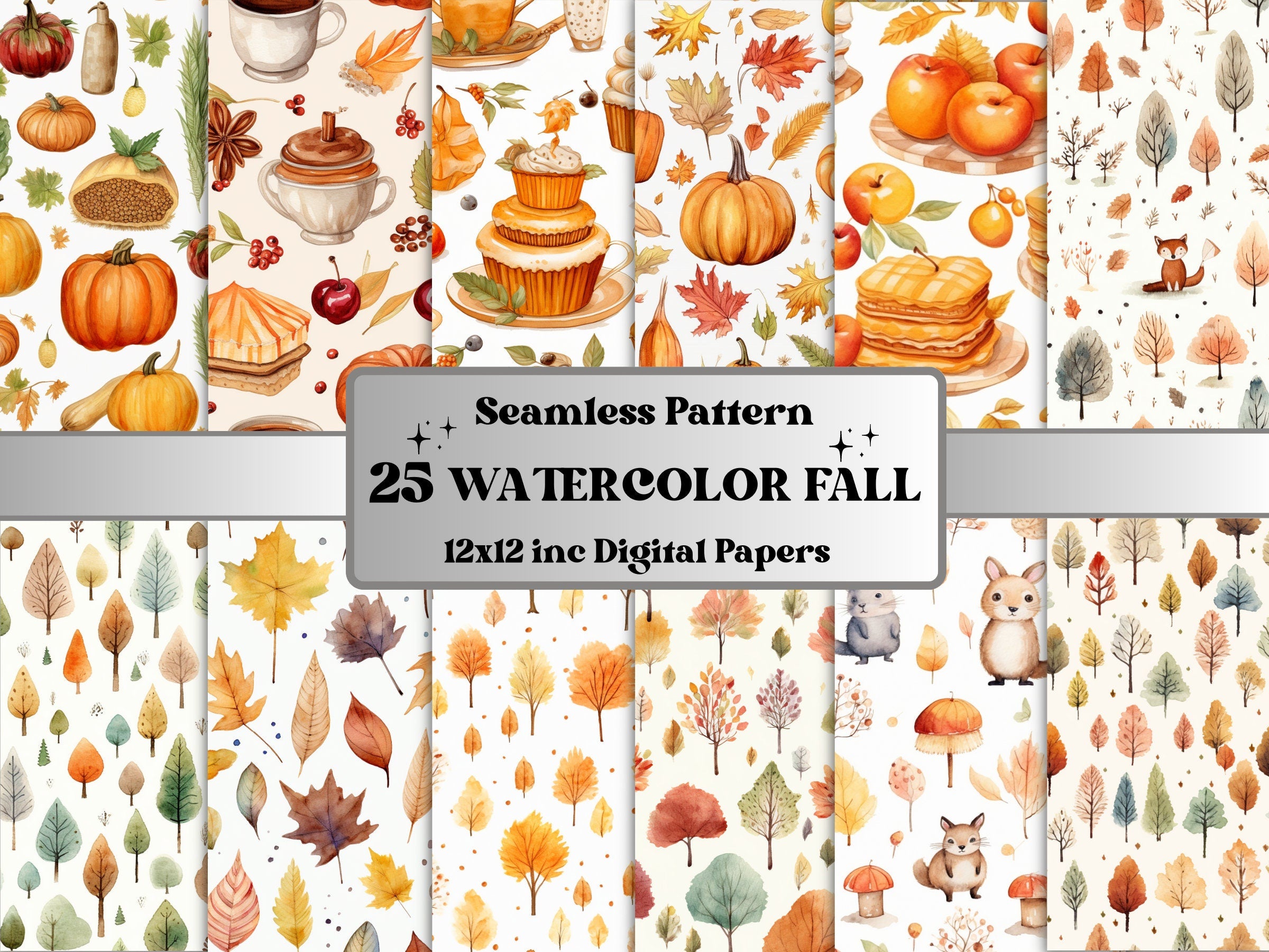 Seamless Watercolor Fall Digital Paper Pack, Cute Autumn Seamless Pattern, Fall Floral Autumn Leaves Background, Fantasy Scrapbook Papers