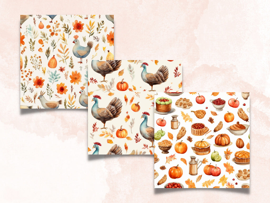 Seamless Watercolor Thanksgiving Digital Paper Pack, Pumpkin Harvest Seamless Pattern, Rustic Autumn Background, Cozy Fall Scrapbook Papers
