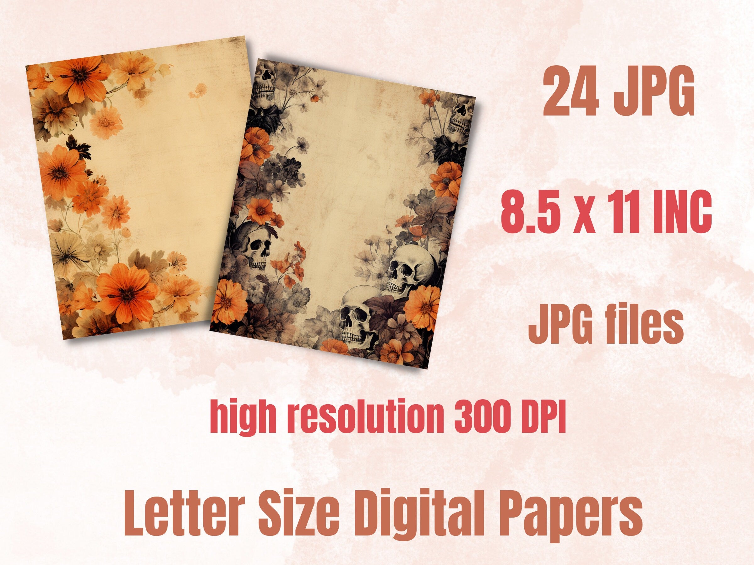 Printable Vintage Halloween Floral Digital Paper, Halloween Ephemera, Faded Flowers Pages, Download Junk Journal, Scrapbooking, Card Making