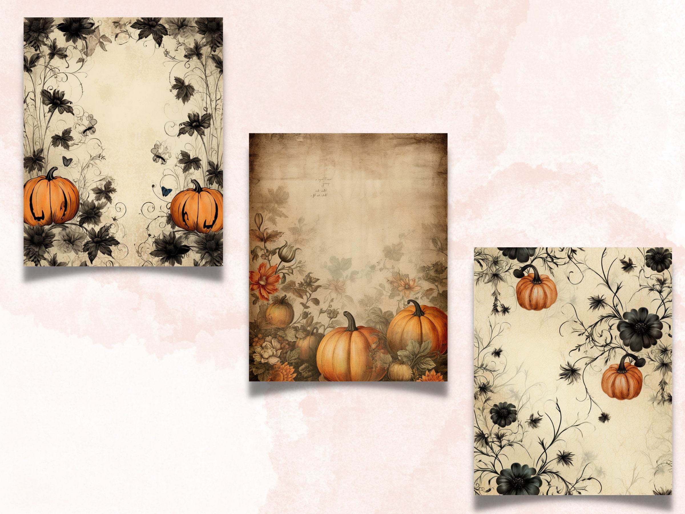 Printable Vintage Halloween Floral Digital Paper, Halloween Ephemera, Faded Flowers Pages, Download Junk Journal, Scrapbooking, Card Making