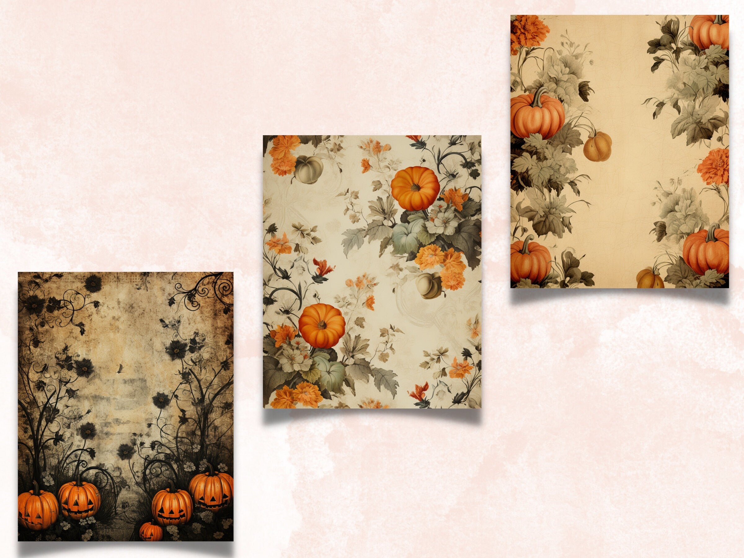 Printable Vintage Halloween Floral Digital Paper, Halloween Ephemera, Faded Flowers Pages, Download Junk Journal, Scrapbooking, Card Making