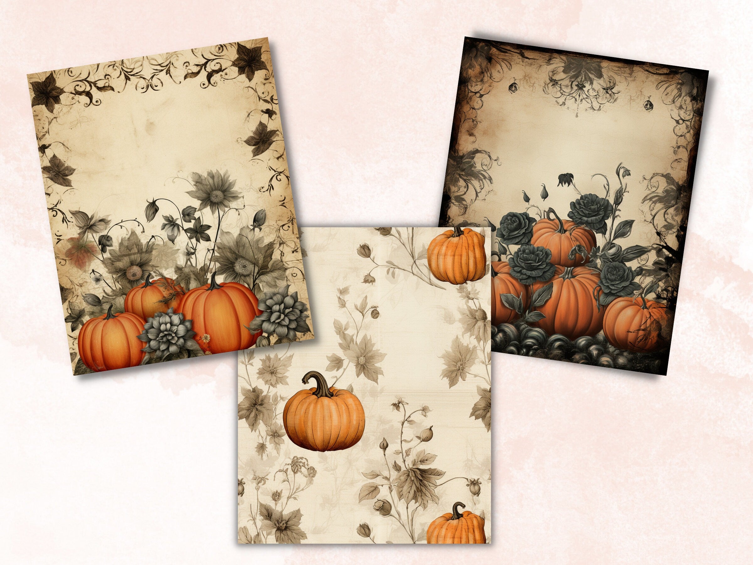 Printable Vintage Halloween Floral Digital Paper, Halloween Ephemera, Faded Flowers Pages, Download Junk Journal, Scrapbooking, Card Making