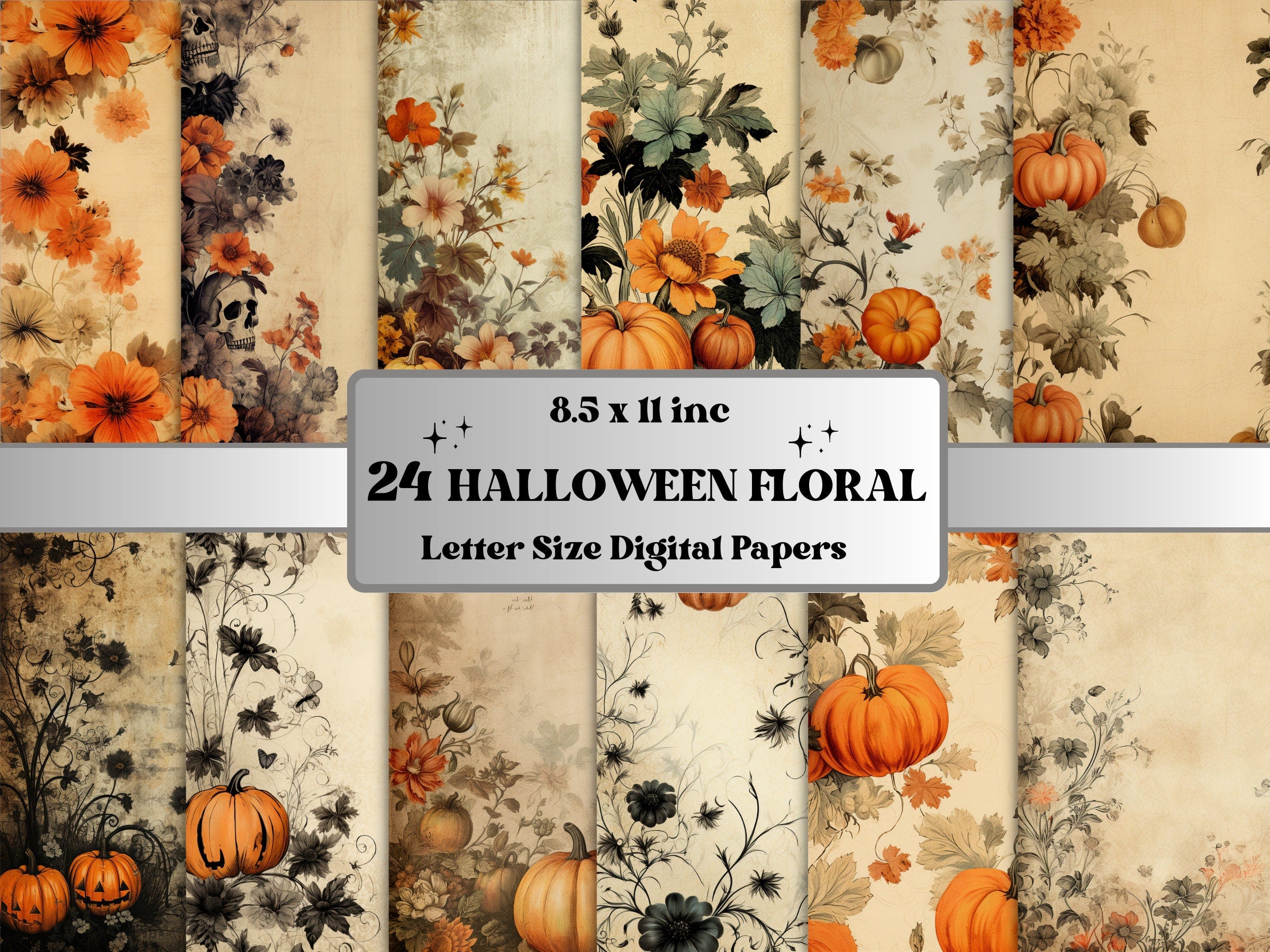 Printable Vintage Halloween Floral Digital Paper, Halloween Ephemera, Faded Flowers Pages, Download Junk Journal, Scrapbooking, Card Making
