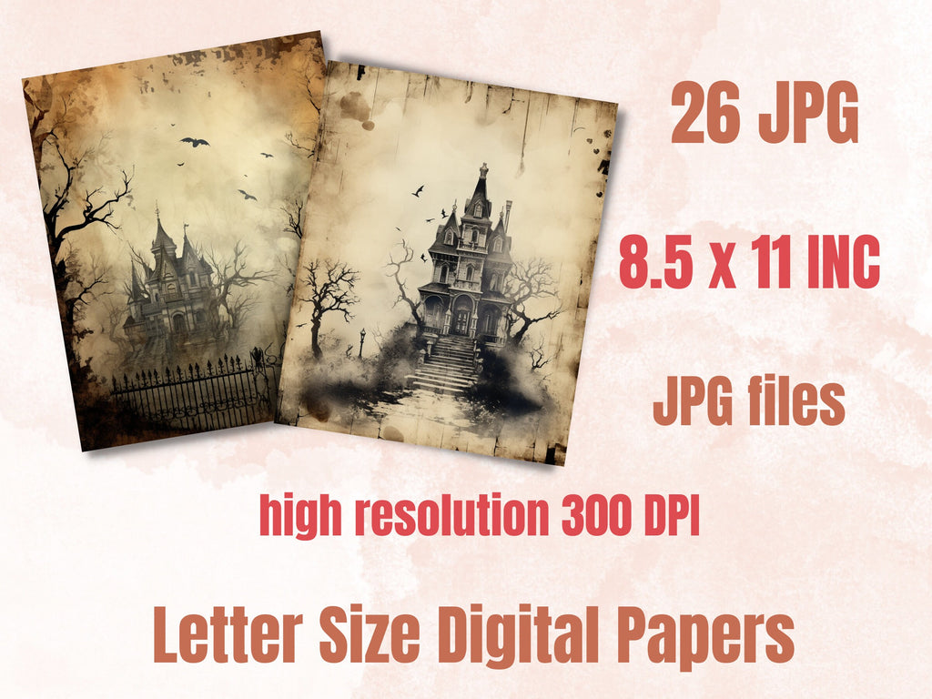Printable Haunted Mansion Digital Paper, Spooky Halloween Ephemera, Faded Gothic Pages, Download Junk Journal, Scrapbooking, Card Making