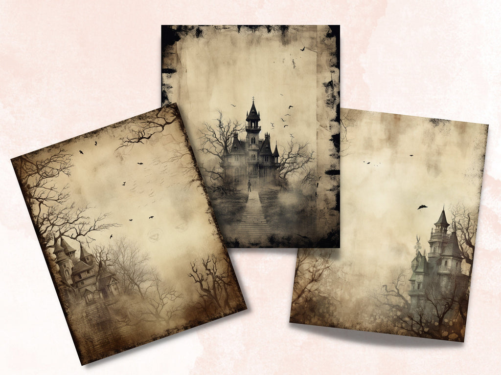 Printable Haunted Mansion Digital Paper, Spooky Halloween Ephemera, Faded Gothic Pages, Download Junk Journal, Scrapbooking, Card Making