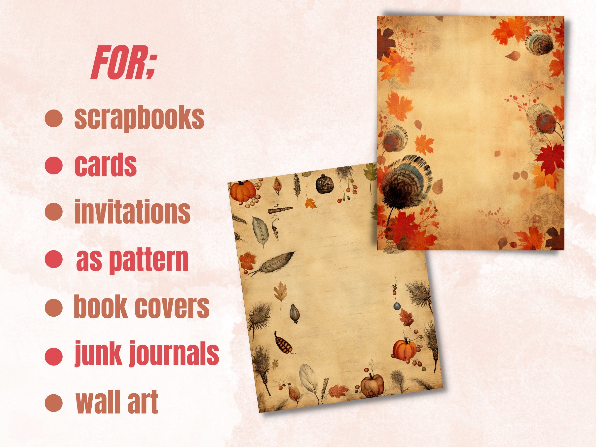 Printable Vintage Thanksgiving Digital Paper, Fall Autumn Ephemera, Pumpkin Harvest Pages, Download Junk Journal, Scrapbooking, Card Making