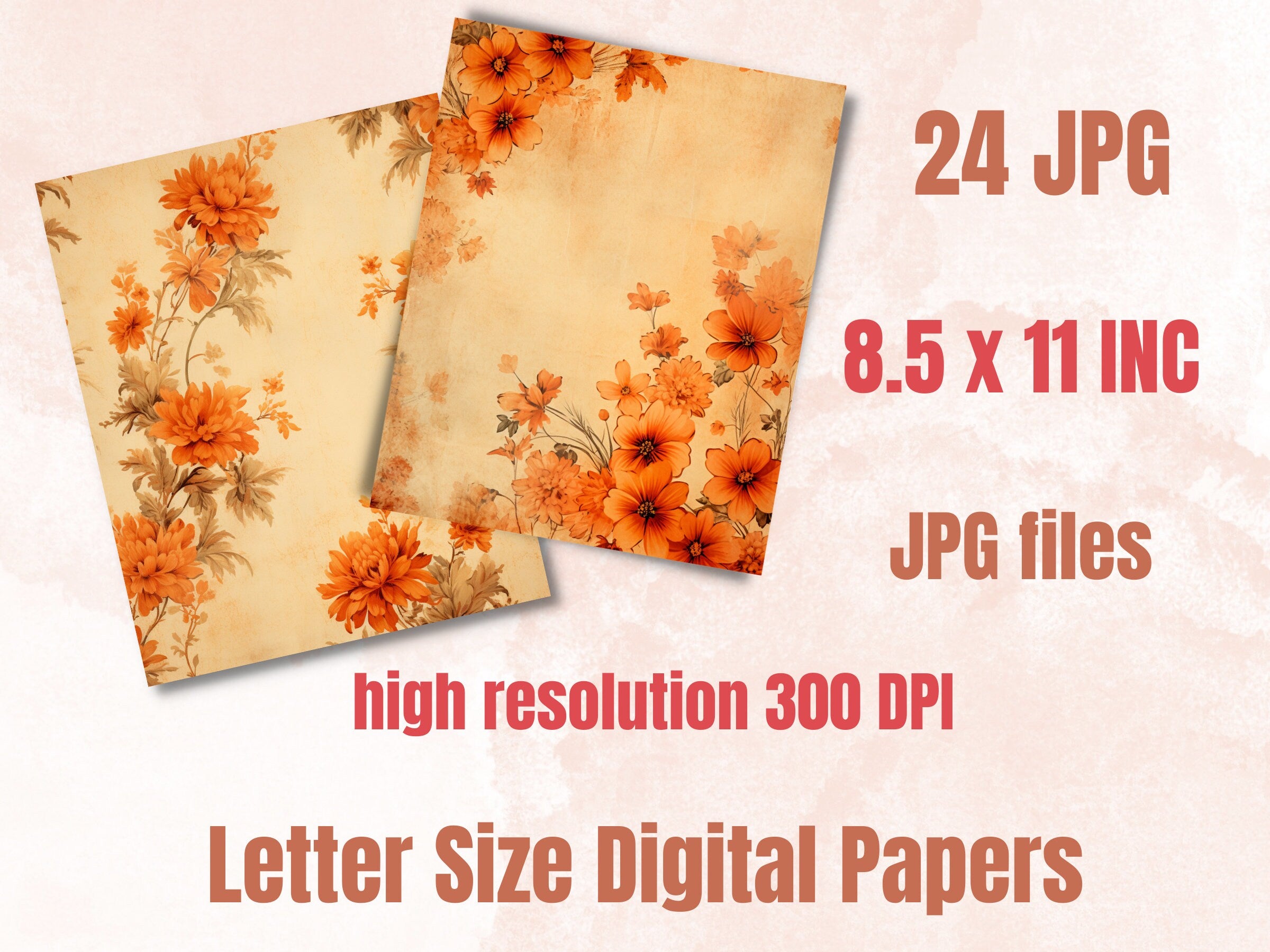 Printable Fall Floral Digital Paper, Fall Autumn Ephemera, Vintage Orange Flowers Pages, Download Junk Journal, Scrapbooking, Card Making