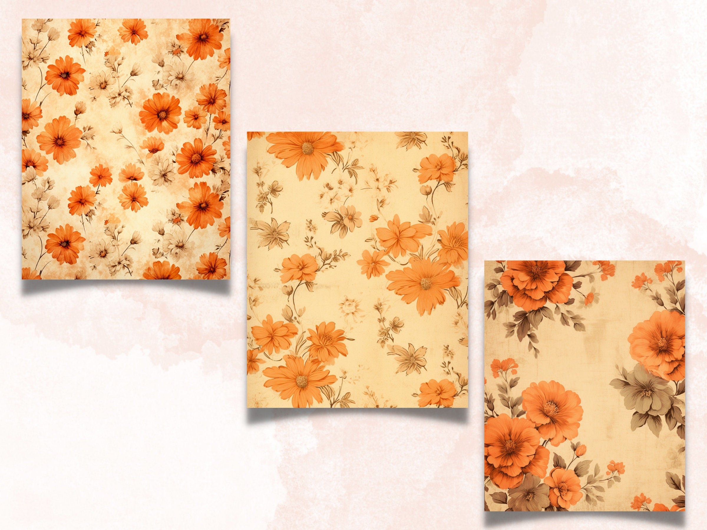 Printable Fall Floral Digital Paper, Fall Autumn Ephemera, Vintage Orange Flowers Pages, Download Junk Journal, Scrapbooking, Card Making