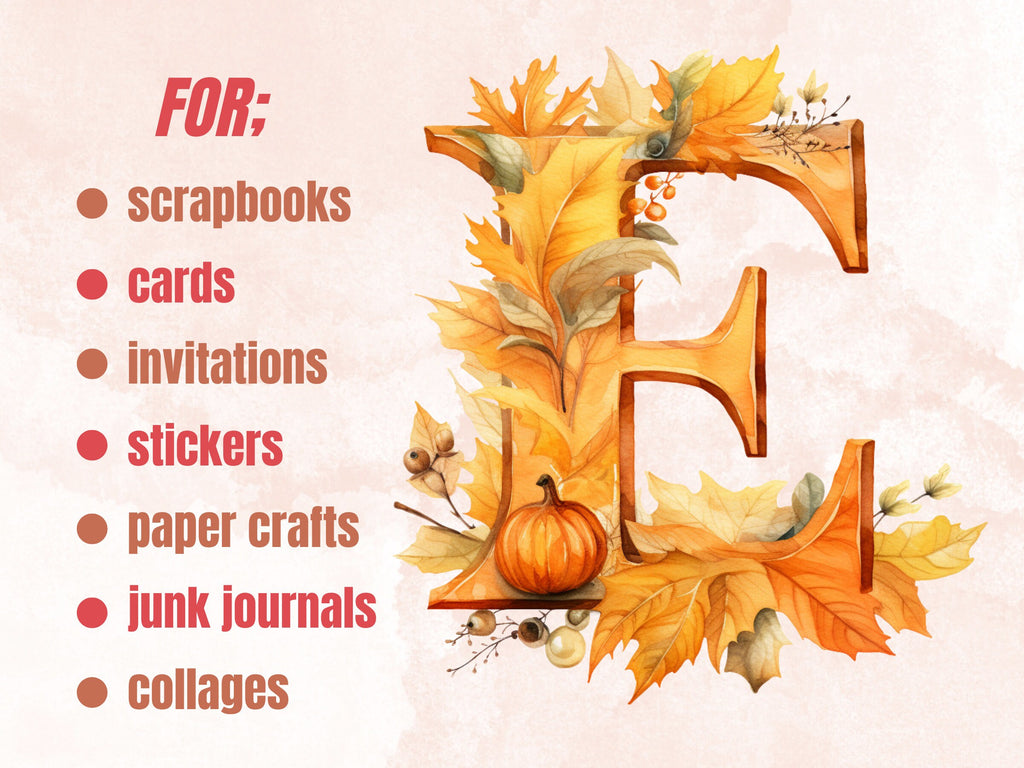 25 PNG Watercolor Fall Alphabet Clipart, Floral Autumn Letters Illustrations Clip art, Fall Pumpkin Alphabet png, Autumn Leaves Typography