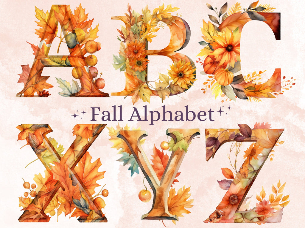25 PNG Watercolor Fall Alphabet Clipart, Floral Autumn Letters Illustrations Clip art, Fall Pumpkin Alphabet png, Autumn Leaves Typography
