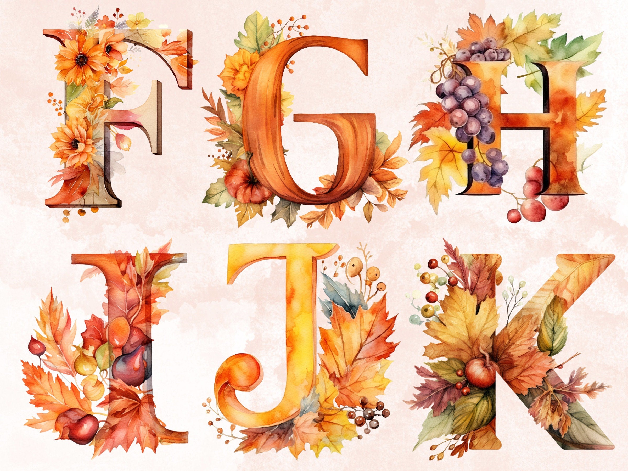 25 PNG Watercolor Fall Alphabet Clipart, Floral Autumn Letters Illustrations Clip art, Fall Pumpkin Alphabet png, Autumn Leaves Typography
