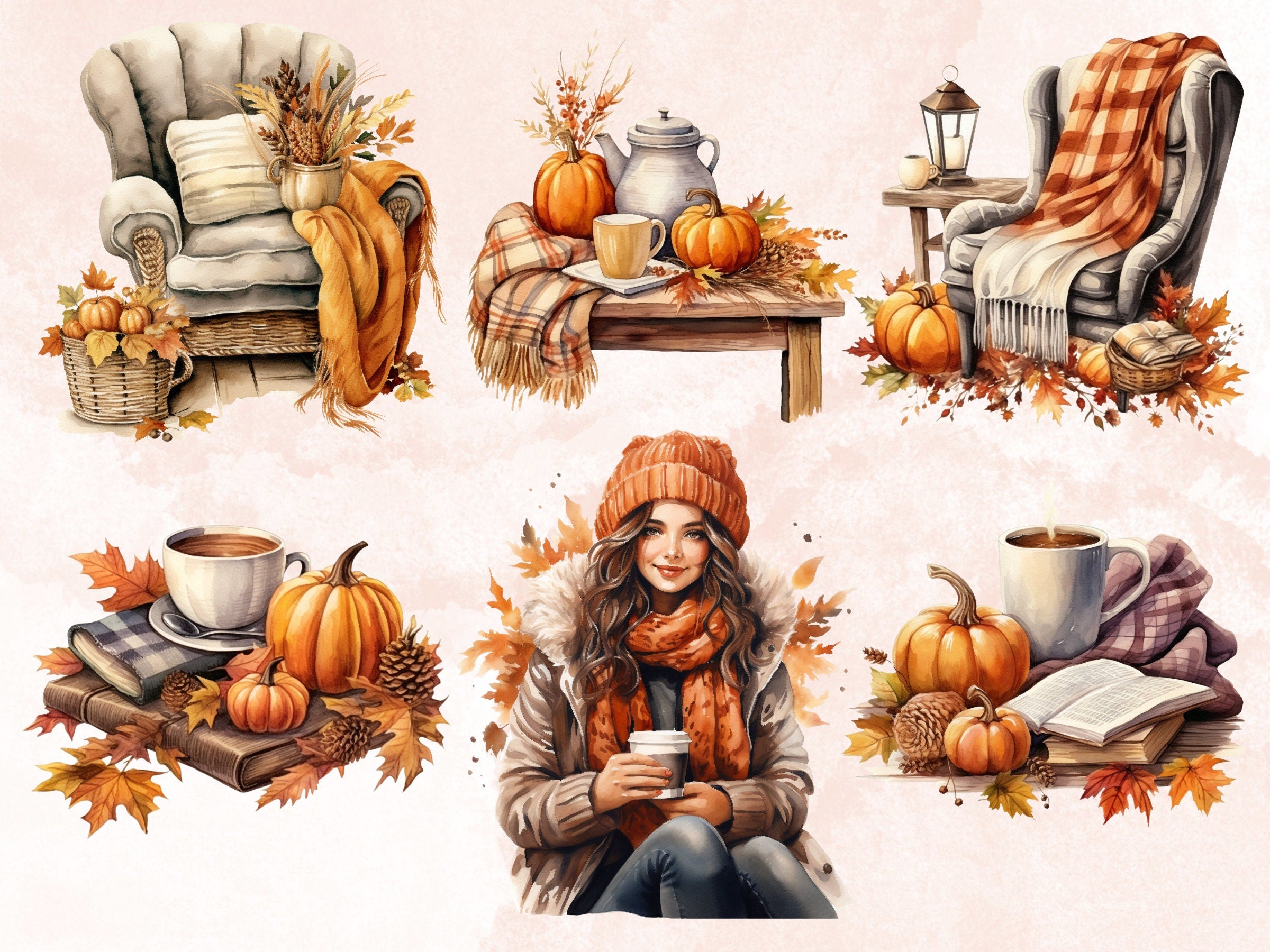 34 PNG Watercolor Cozy Fall Clipart, Cozy Autumn Reading Corner Illustrations Clip art, Floral Boho Fall Nook png, Autumn Decor Sublimation
