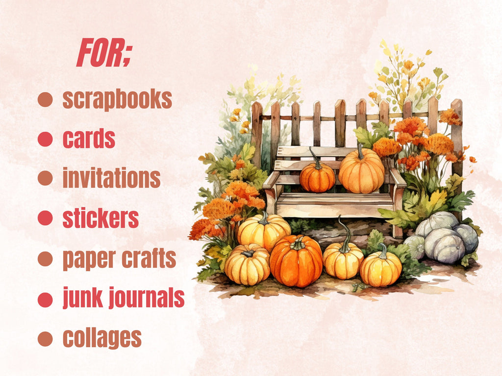 22 PNG Watercolor Fall Garden Clipart, Rustic Pumpkin Floral Illustrations Clip art, Autumn Secret Garden png, Cozy Fall Bench Sublimation