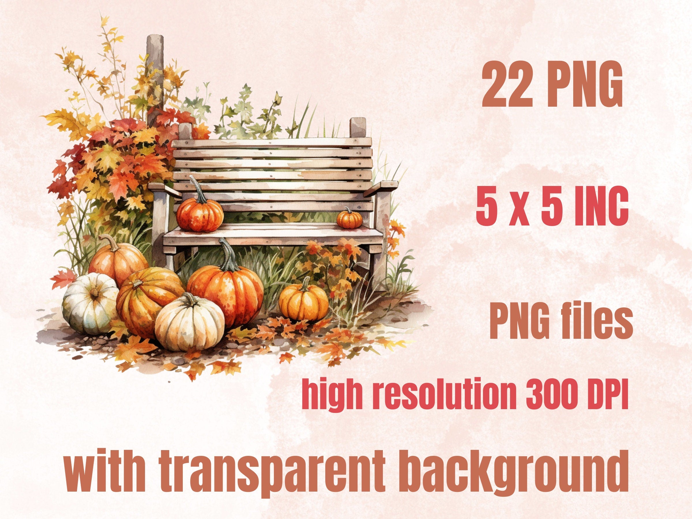 22 PNG Watercolor Fall Garden Clipart, Rustic Pumpkin Floral Illustrations Clip art, Autumn Secret Garden png, Cozy Fall Bench Sublimation