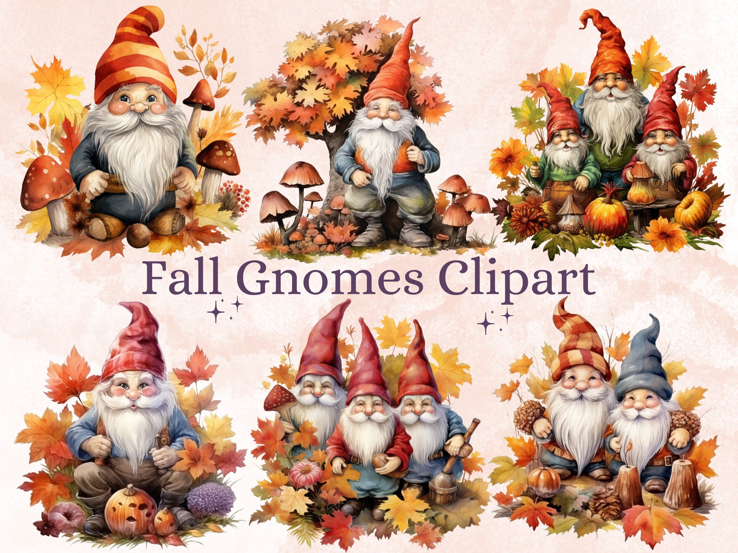 30 PNG Watercolor Fall Gnomes Clipart, Rustic Autumn Garden Gnome Illustrations Clip art, Autumn Gardening png, Cute Fall Dwarf Sublimation