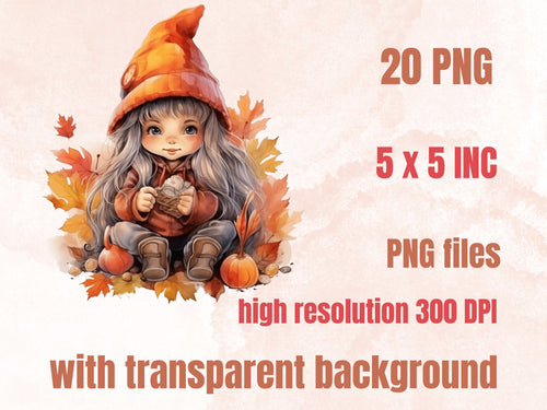 20 PNG Watercolor Fall Gnome Girls Clipart, Autumn Female Gnome Illustrations Clip art, Autumn Gardening png, Cute Sisters Gnome Sublimation