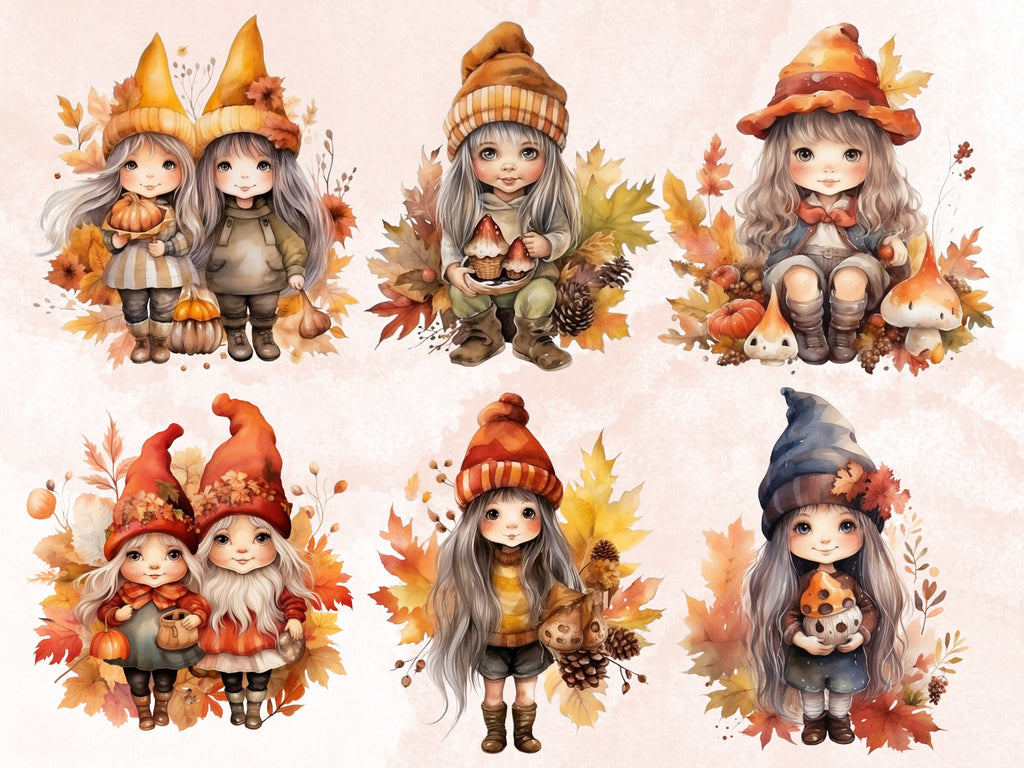 20 PNG Watercolor Fall Gnome Girls Clipart, Autumn Female Gnome Illustrations Clip art, Autumn Gardening png, Cute Sisters Gnome Sublimation