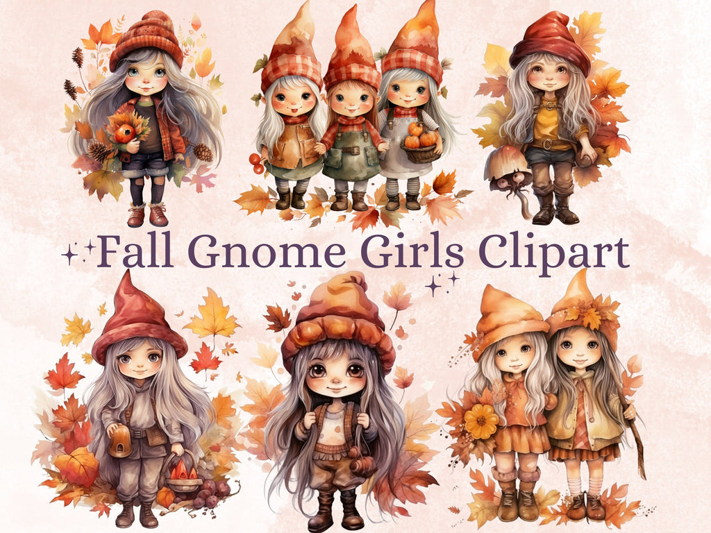 20 PNG Watercolor Fall Gnome Girls Clipart, Autumn Female Gnome Illustrations Clip art, Autumn Gardening png, Cute Sisters Gnome Sublimation