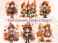 20 PNG Watercolor Fall Gnome Girls Clipart, Autumn Female Gnome Illustrations Clip art, Autumn Gardening png, Cute Sisters Gnome Sublimation
