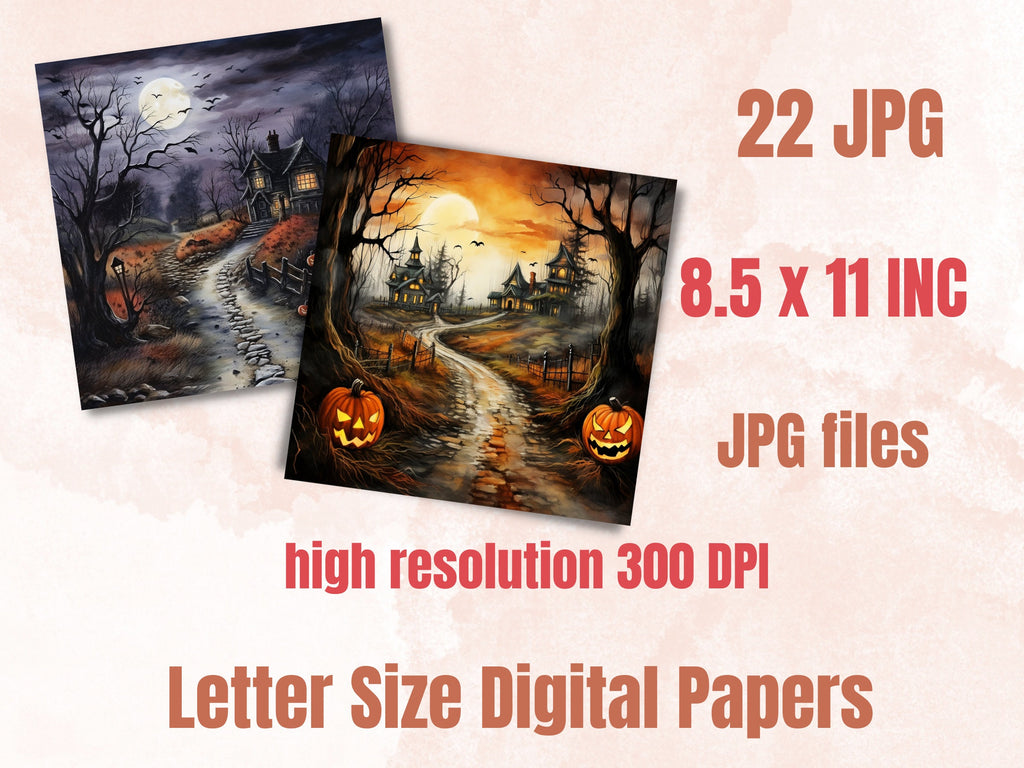 Printable Halloween Landscape Digital Paper, Watercolor Halloween Scenes, Spooky Pages, Download Junk Journal, Scrapbooking, Card Making