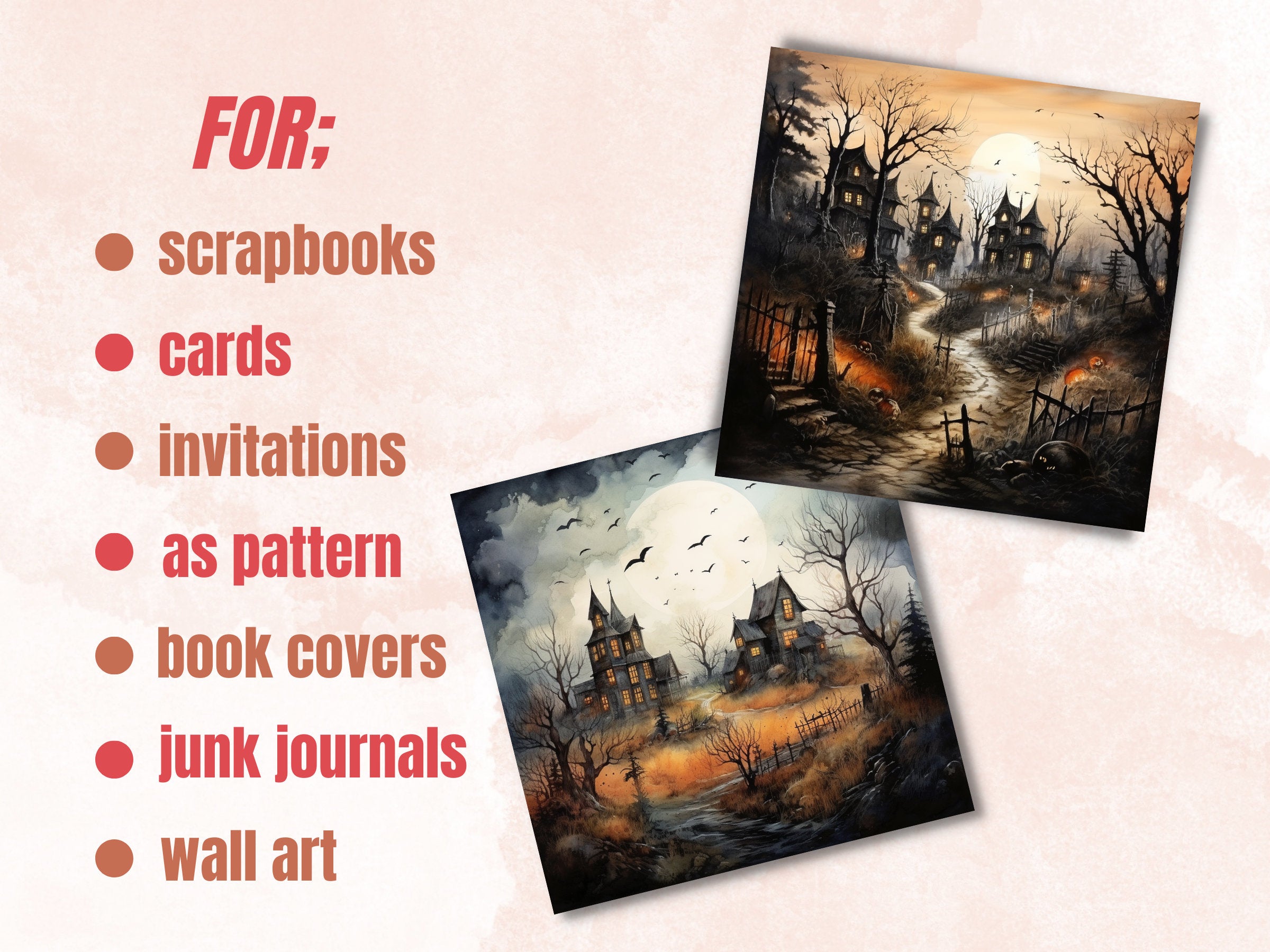 Printable Halloween Landscape Digital Paper, Watercolor Halloween Scenes, Spooky Pages, Download Junk Journal, Scrapbooking, Card Making