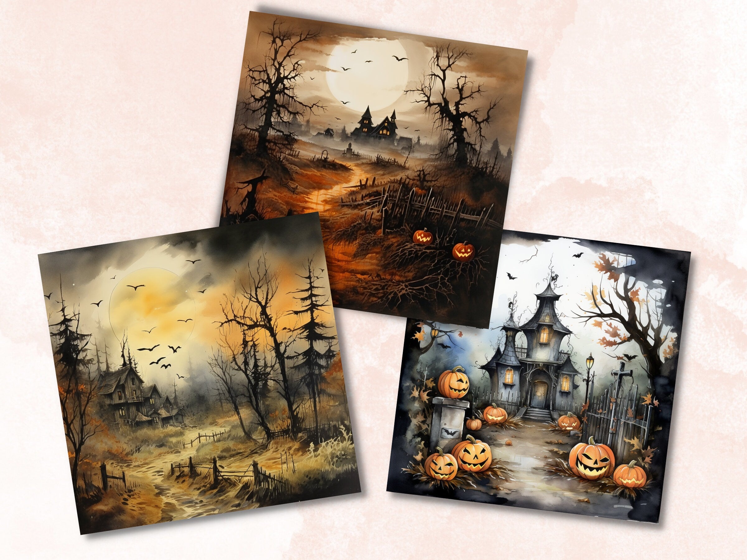 Printable Halloween Landscape Digital Paper, Watercolor Halloween Scenes, Spooky Pages, Download Junk Journal, Scrapbooking, Card Making