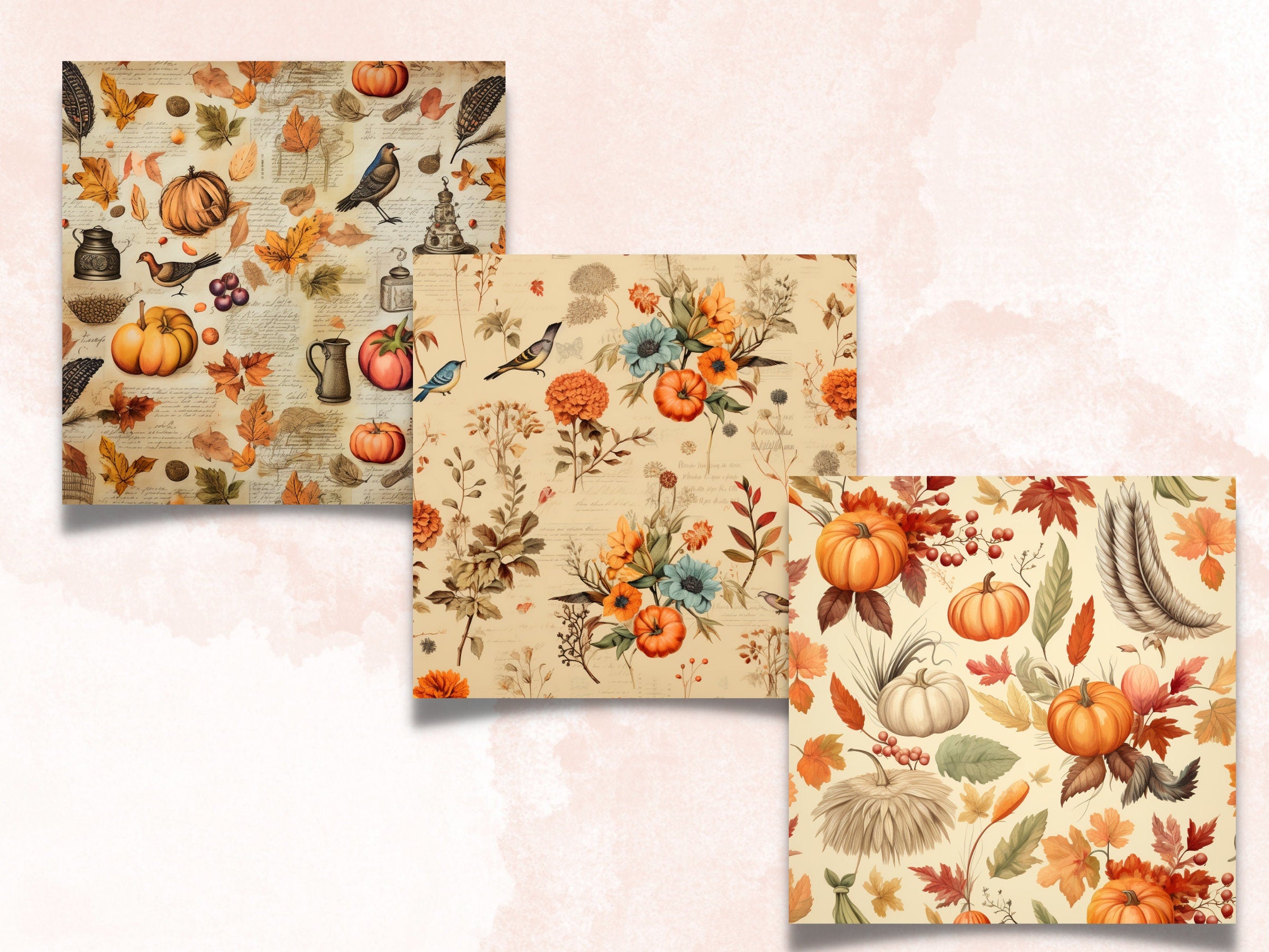 Printable Vintage Thanksgiving Digital Paper, Rustic Autumn, Fall Pumpkin Harvest Pages, Download Junk Journal, Scrapbooking, Card Making