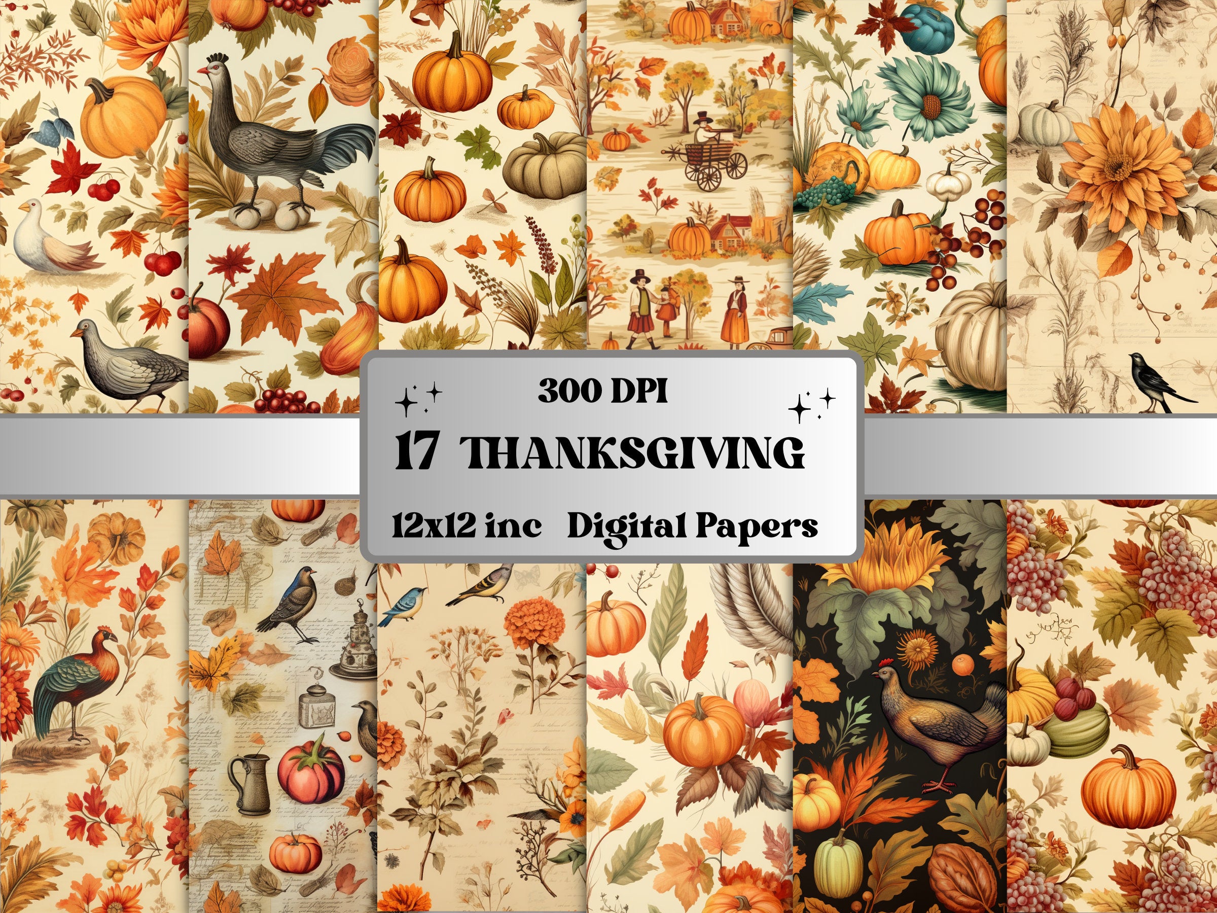 Printable Vintage Thanksgiving Digital Paper, Rustic Autumn, Fall Pumpkin Harvest Pages, Download Junk Journal, Scrapbooking, Card Making