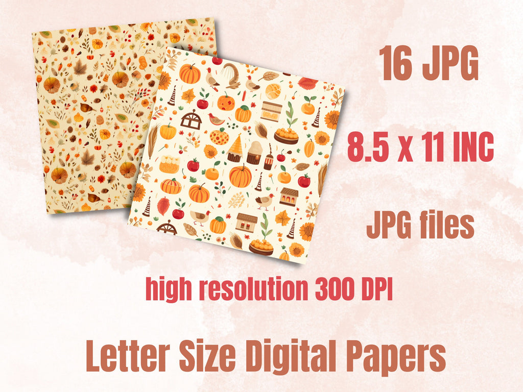 Printable Cute Thanksgiving Digital Paper, Cozy Kawaii Autumn, Fall Pumpkin Harvest Pages, Download Junk Journal, Scrapbooking, Card Making