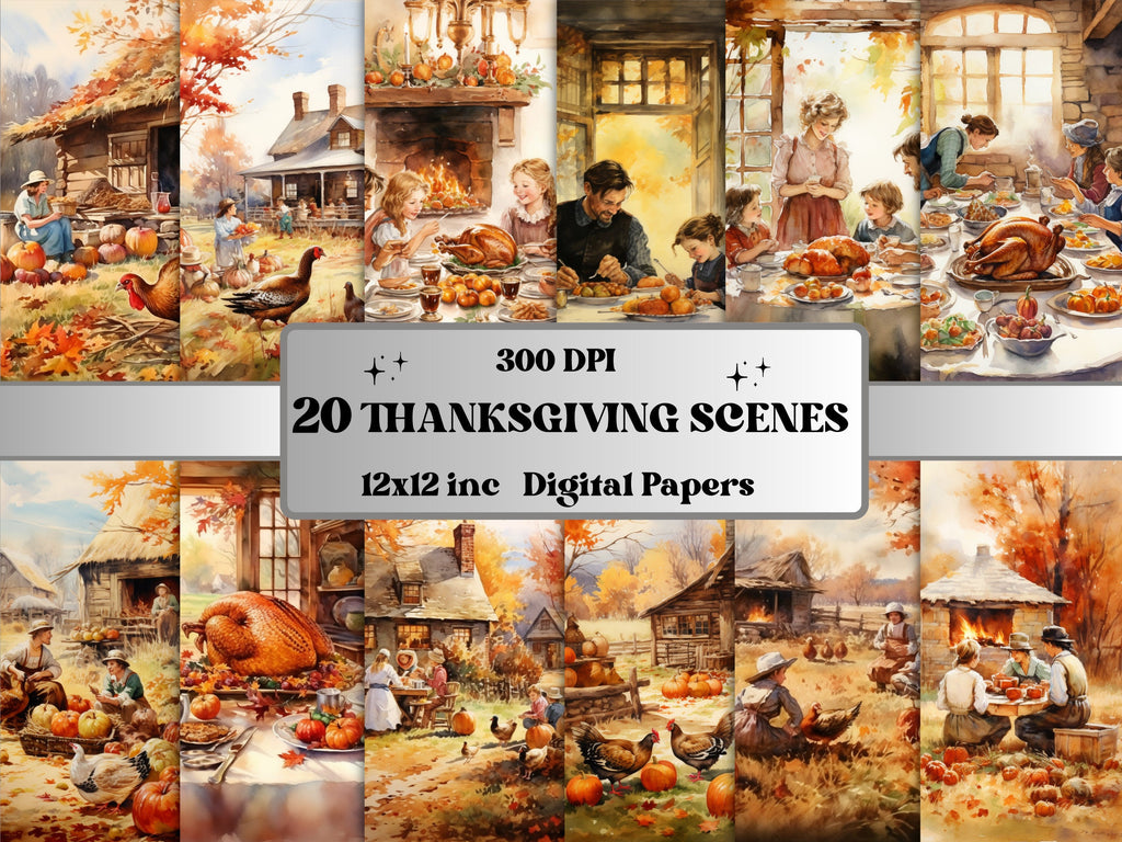 Printable Watercolor Thanksgiving Scenes Digital Paper, Fall Pumpkin Harvest Landscape Pages, Download Junk Journal, Scrapbooking, For Cards
